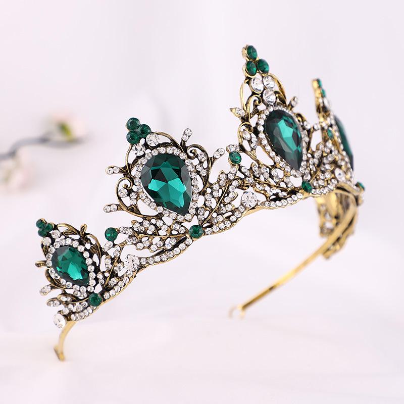 Baroque Vintage Green Crystal Bridal Tiaras Crown Women Rhinestone Retro Pageant Diadem Bride Headbands Wedding Hair Accessories