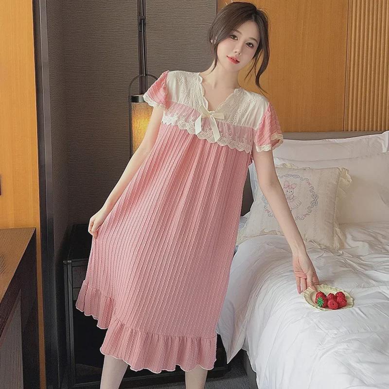 Женская летняя милая принцесса ночная рубашка с короткими рукавами, средней длины, большого размера, идеальна в качестве домашней одежды