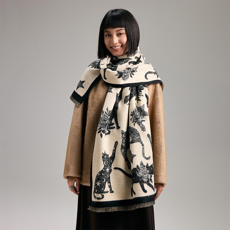 Autumn/Winter Double-Sided Imitation Cashmere Scarf with Cat Silhouette and Starry Sky Design