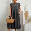 Summer Casual Loose Dress Women Short Sleeve O Neck A Line Woman Dress With Pocket Office Lady Cotton Linen Dresses 24647