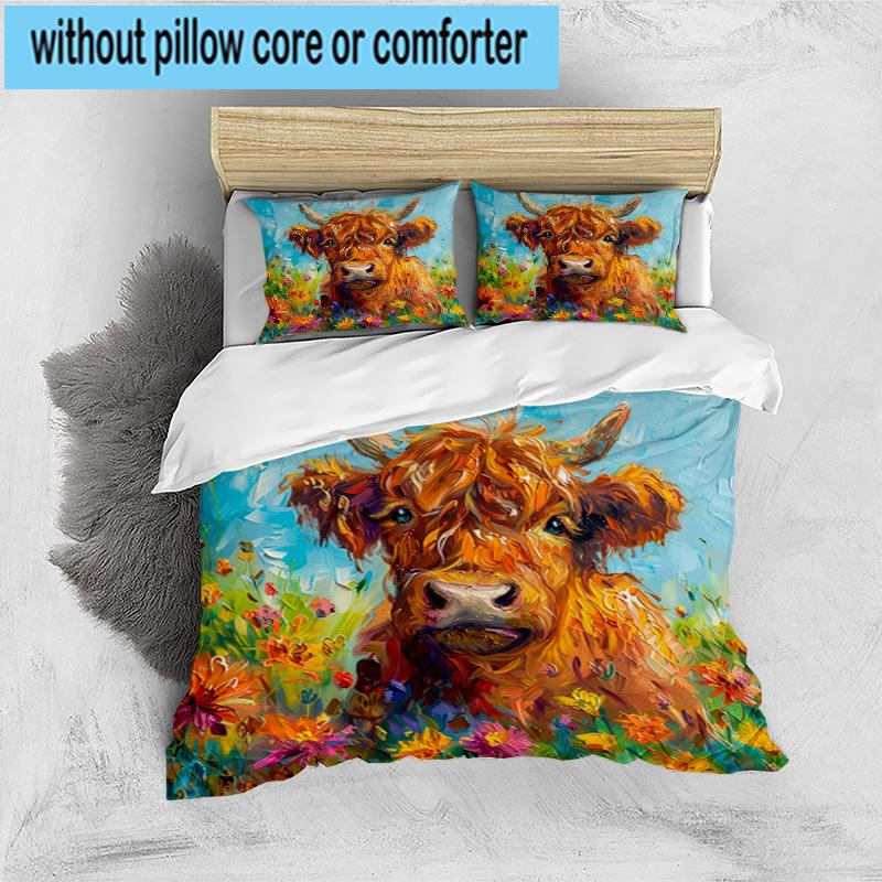 Cow In Flower Field 3pcs Bedding,Including 1pc Duvet Cover And 2pcs Pillowcases Perfect for Christmas,Ideal for Bedroom, Dormitory