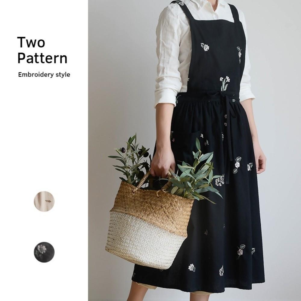 New Embroidery Flower Kitchen Apron Cotton Adjustable Dress Apron Pleated Style Cross-back Apron Garden Work