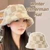 Faux Fur Winter Fisherman Hat Plaid Checkered Lamb Wool Fisherman's Hat Women Bucket Hat Travel