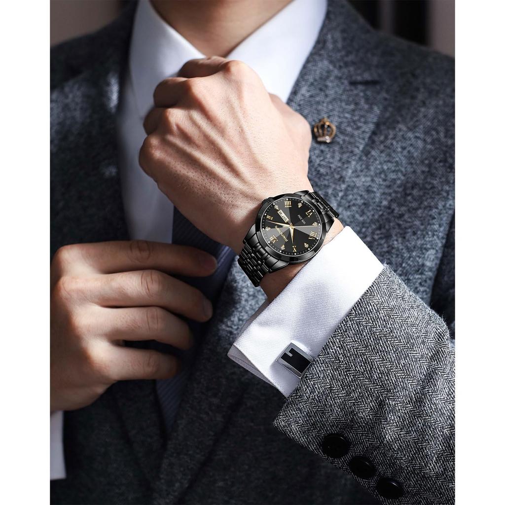 PINDOWS Luxury Business Dress Analog Quartz Water Luminous Date Stainless Steel Classic Business Casual Style Men's Watch, Diamond-Decorated, Style,
