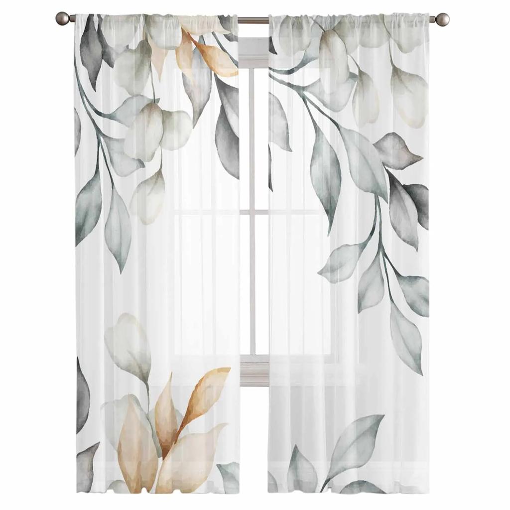 Summer Plants Leaves Watercolor Tulle Curtains for Living Room Sheer Curtain for Bedroom Kitchen Blinds Voile Curtains