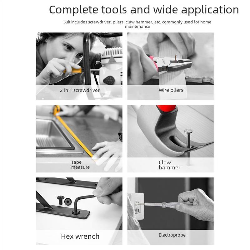 Многофункциональный набор инструментов для домашнего ремонта с плоскогубцами, рулеткой, молотком.