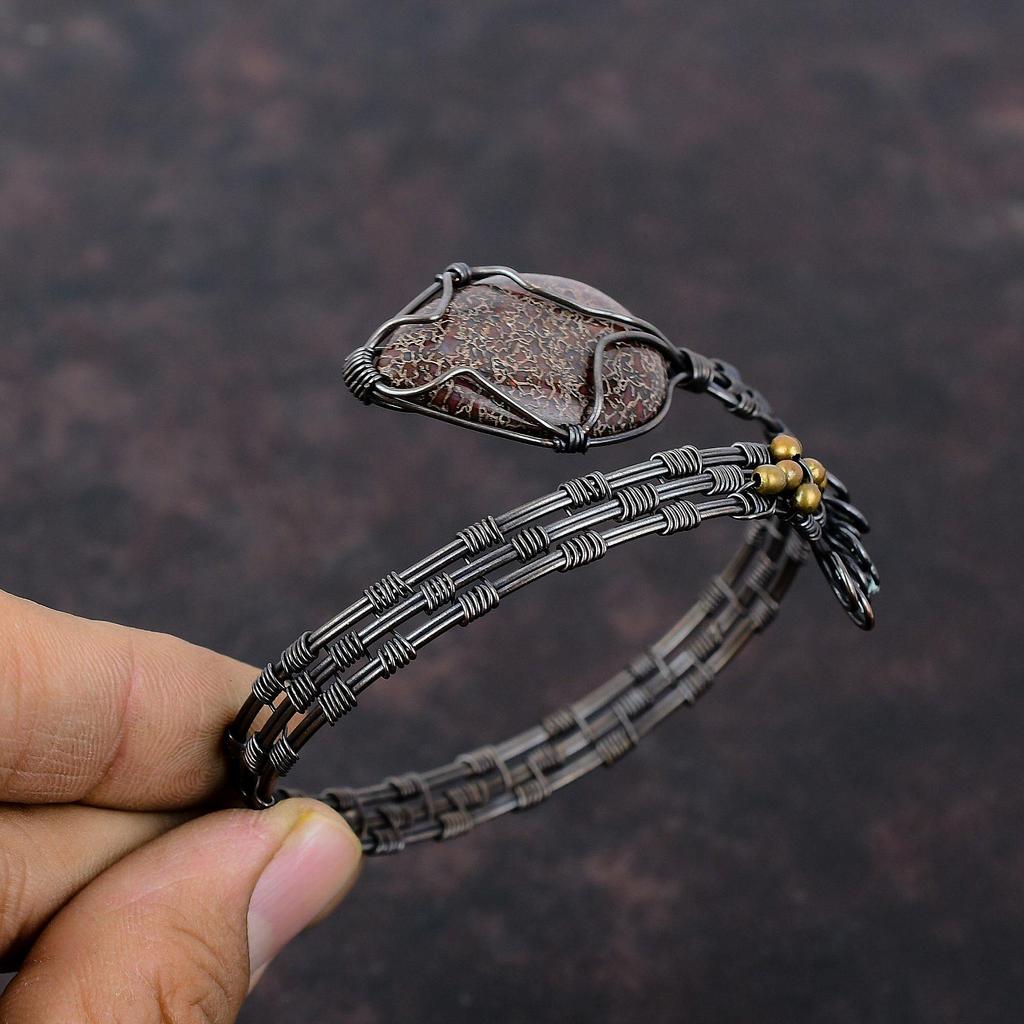 Браслет из кости динозавра, браслет-манжета из медной проволоки, регулируемый браслет, ювелирные изделия из медной проволоки, браслет ручной работы с драгоценными камнями, подарок другу