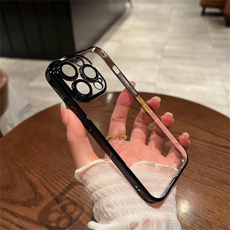 Luxury Plating Clear Silicone Phone Case For iPhone 15 14 13 12 11 Pro Max Plus Lens Protection Soft Case Back Cover Accessories
