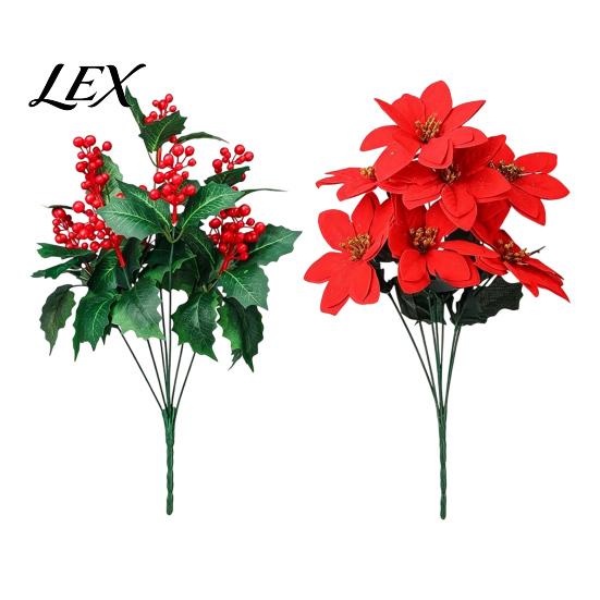 Indoor Holiday Ornament for Mantel Artificial Poinsettia Flowers, Christmas Red Bouquet with Berries, Faux Silk Festive Floral Arrangement Entrance