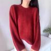 Women's European-Style Red Wool Pullover Sweater, Round Neck, Thickened & Loose, Versatile Base for Autumn/Winter '24.