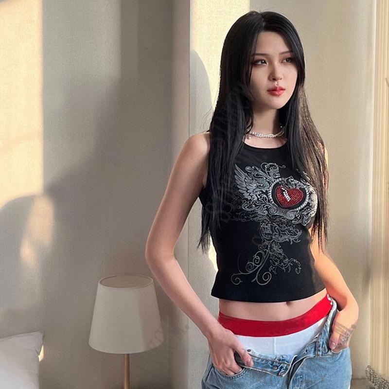 Y2k Cut Top Aesthetics Apparel Rhinestone Pattern Tank Top Black Rib Sleeveless Tank Top