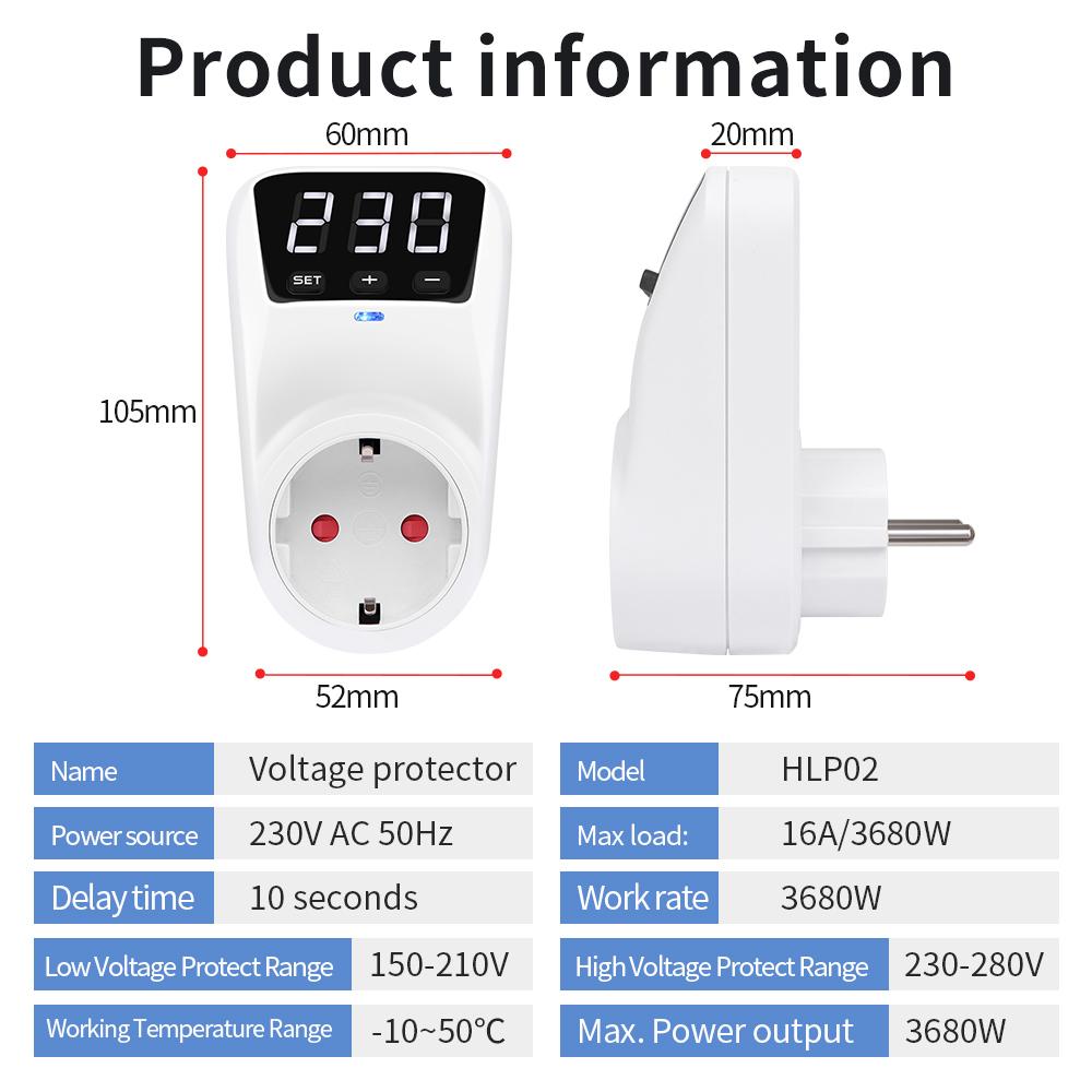 16A 230V Automatic Voltage Protector Switch Adjustable Power Surge Protection EU Socket Type Volt Safe For Home Appliances