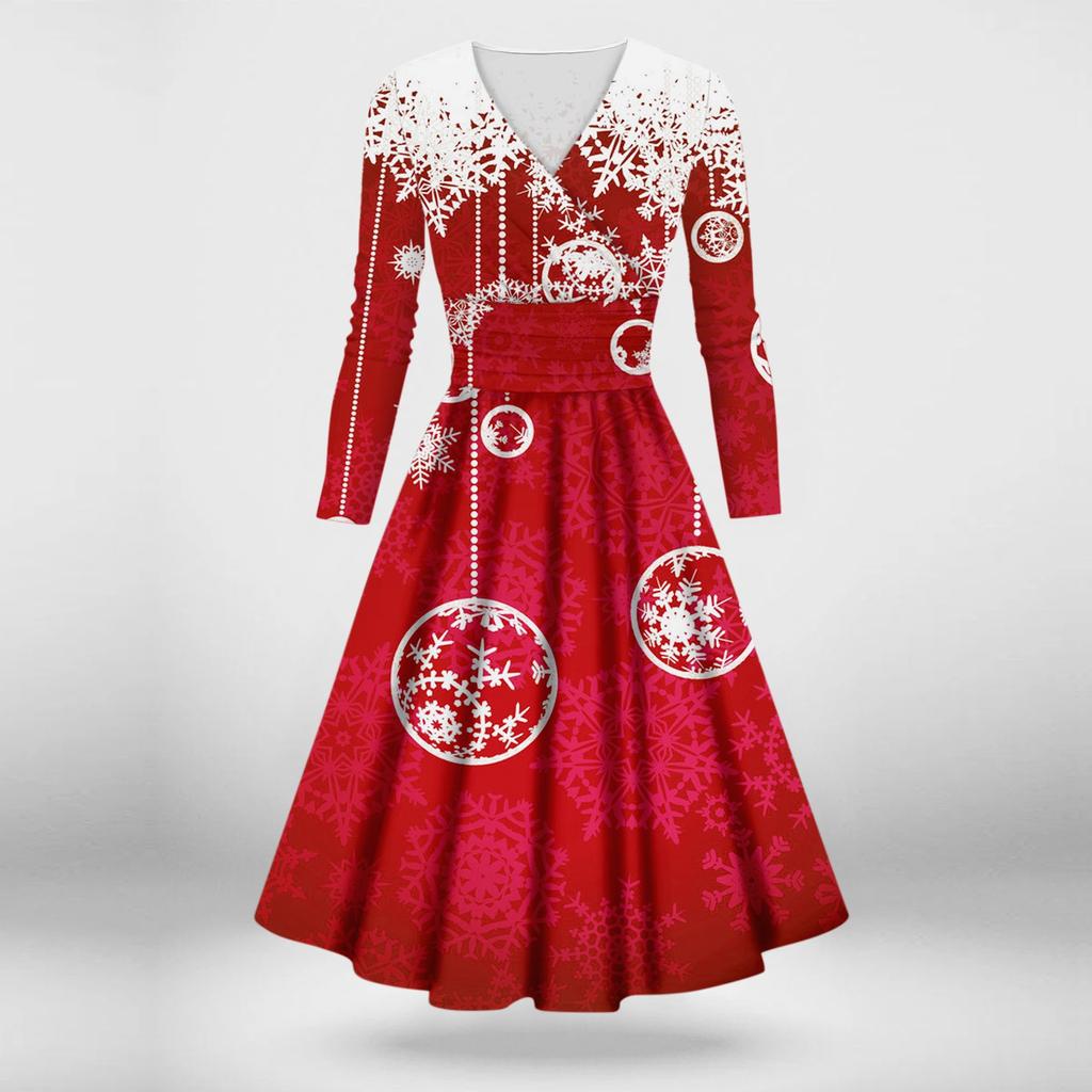 Женское повседневное и модное сексуальное платье с v-образным вырезом и длинными рукавами с рождественским принтом