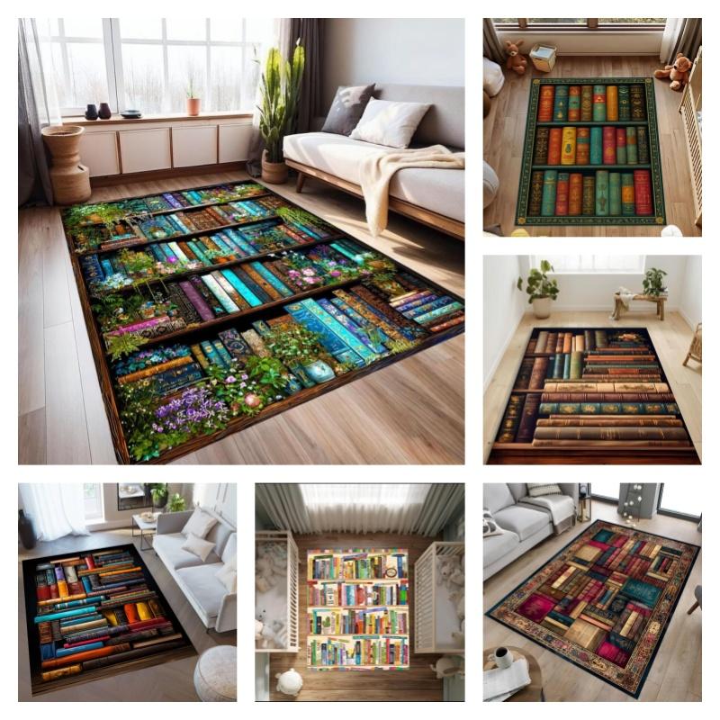 Vintage Bookshelf Colorful Floral Green Plant Non Slip Floor Rug Book Lover Library Reading Room Washable Indoor Living Bedroom Area Carpet