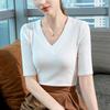 Black Mid-sleeved T-shirt for Women New Women's Clothing Style Deep V Half-sleeved T-shirt Waist-closed Thread Top