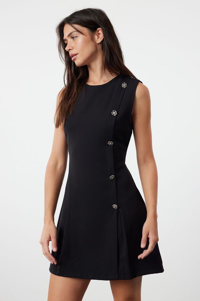 Women's Style Dress Black Straight Cut Button Detailed Mini Woven Dress