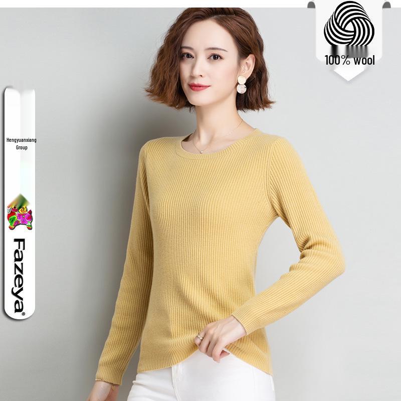 Hengyuanxiang Women's Pure Wool Round Neck Sweater - Solid Color Casual Knitwear for Spring, Autumn, and Winter
