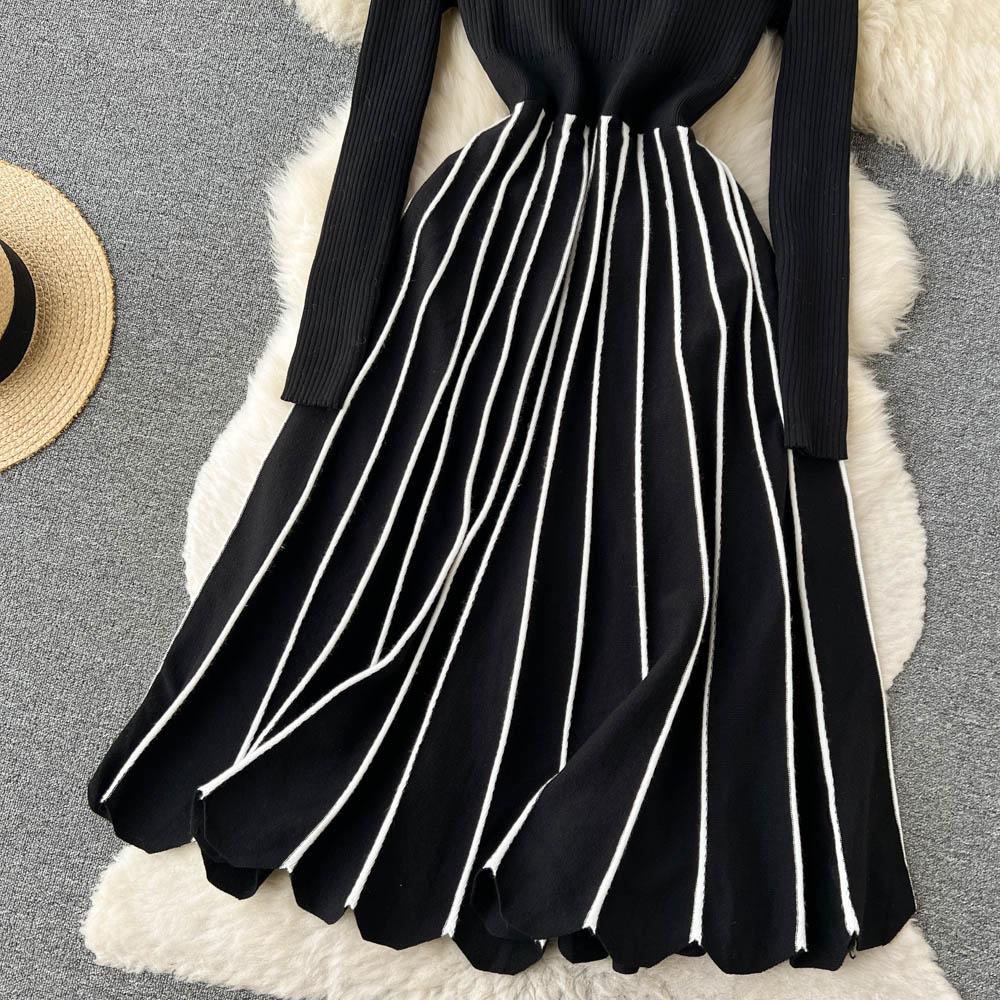 Зима-Осень, водолазка, теплый вязаный пуловер, платье-свитер, женские повседневные черные полосатые плиссированные платья