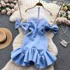 Elegant Rhine Stone Bow Mesh Party Dress Women Blue Chic Short Sleeve Fashion Split Dresses Lady High Waist Basic Trumpet Hip Wrap Dress 2024