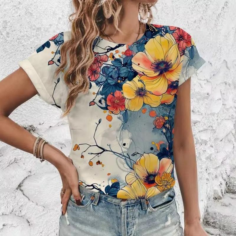 Элегантная женская футболка с художественным цветочным узором, модная футболка с 3D-печатью, популярная женская футболка с короткими рукавами Ummer Leisure