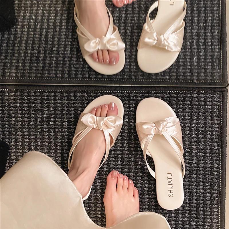 Шлепанцы Женские Летние Плоская Подошва Женские Роскошные Сабо Домашние Туфли Бабочка-Узел Дизайнерские 2025 С Узлом-Бабочкой Женская Обувь Шлепанцы