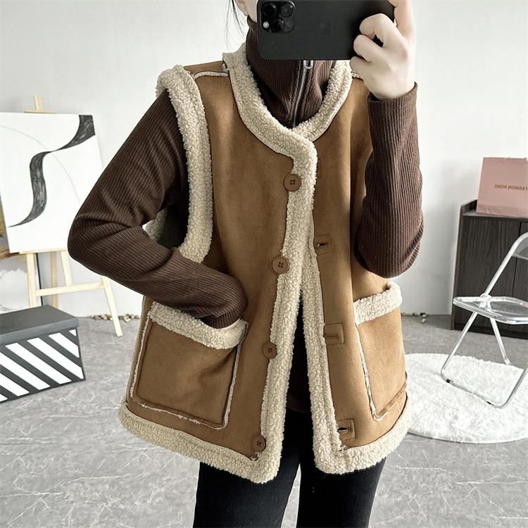 Двухсторонний жилет женский винтажный жилет из овчины двусторонний жилет осень-зима коричневый жилет