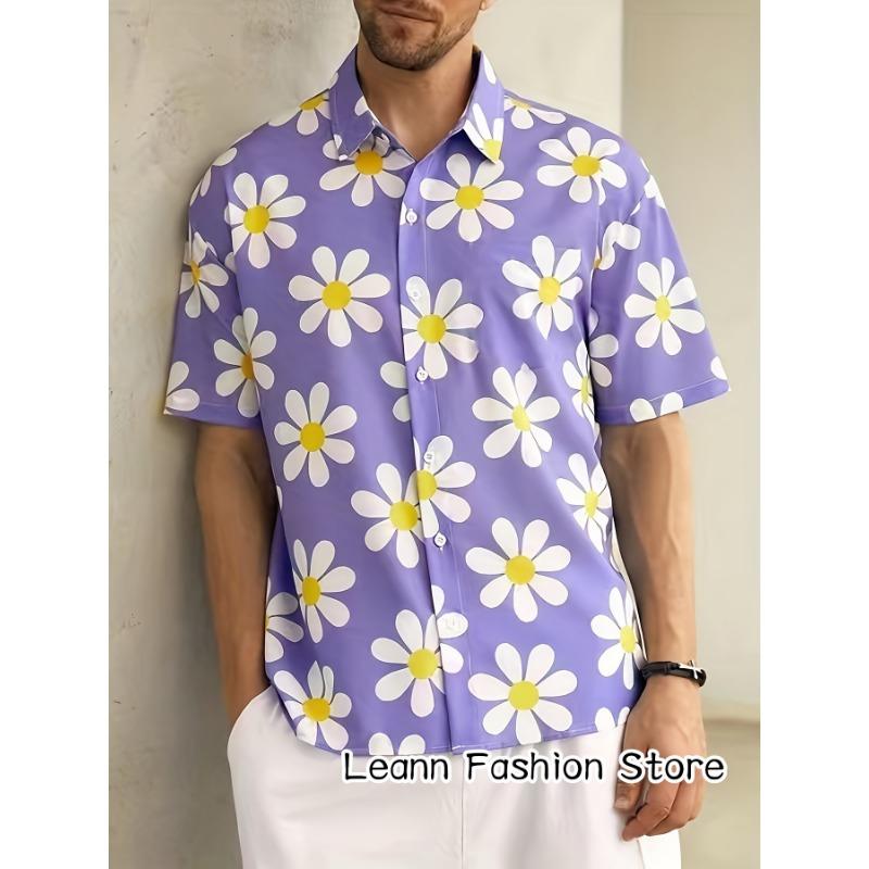 Мужская летняя рубашка с цветочным принтом с коротким рукавом в гавайском стиле для отдыха, мужская пляжная модная рубашка на пуговицах для отдыха