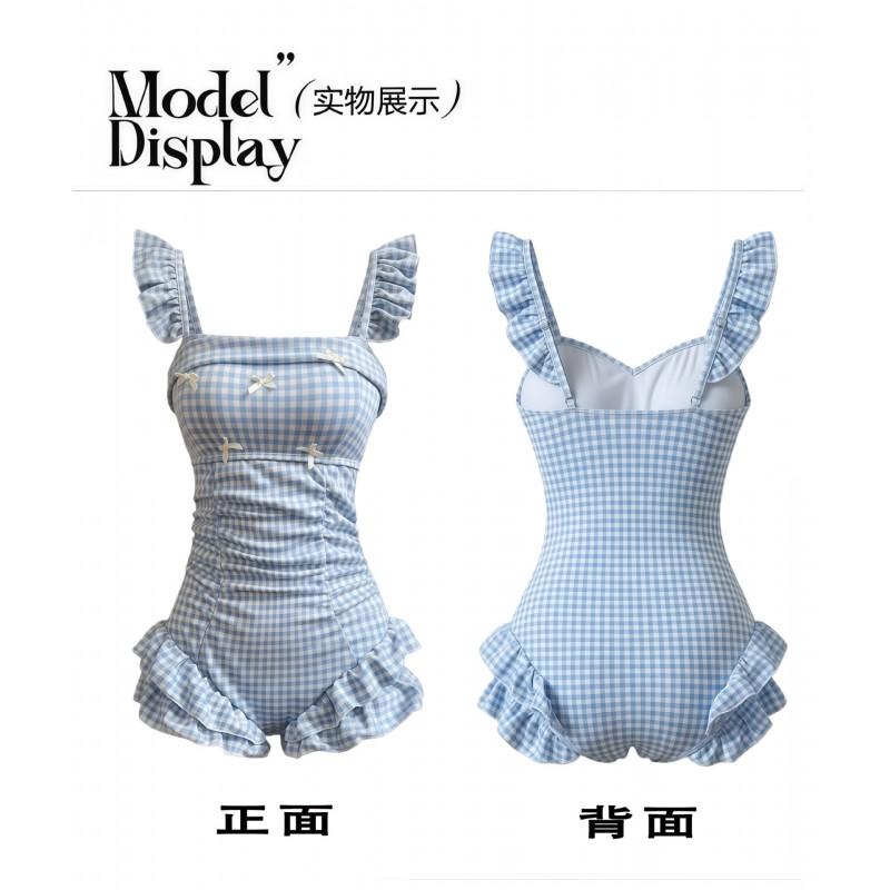 2026 Womens Modest One-Piece Swimsuit With Ruffle Trim Blue White Plaid Sweet Fresh Style Nylon Fabric No Sleeve