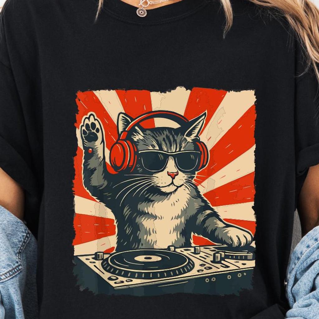 DJ Cat Wearing Headphones T-Shirt, Funny DJ Cat Shirt Gift, Music Lover DJ Graphic Tee