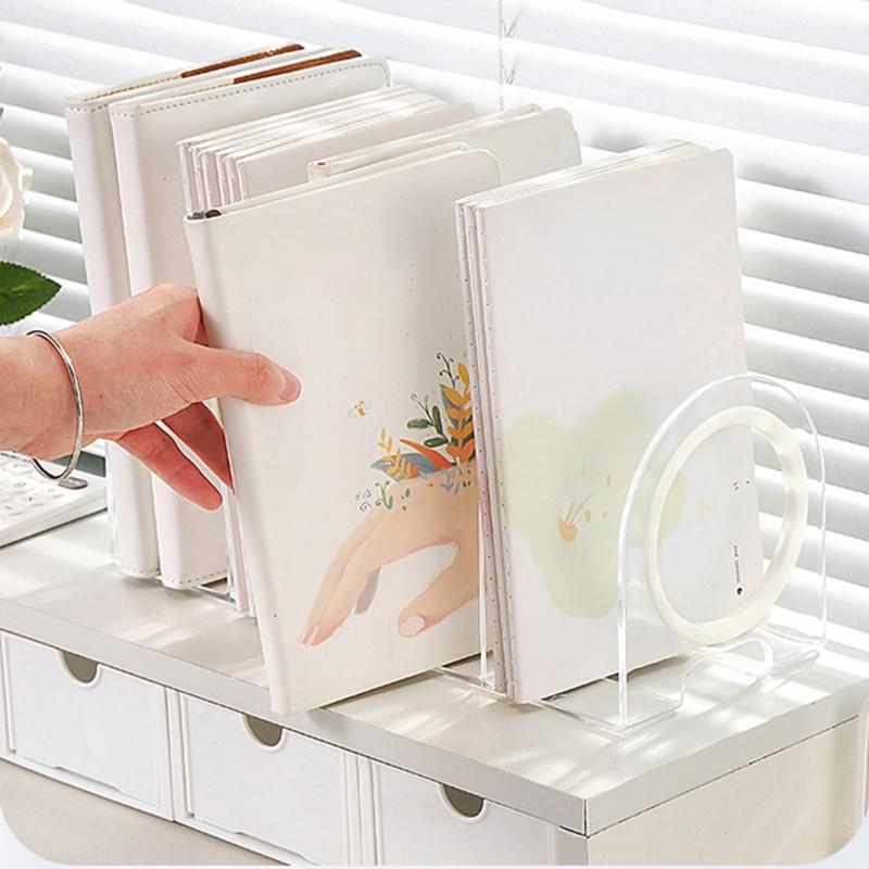 Bookend for Shelf 4 Section Acrylic Book End Book Magazine Stand 4 Compartment Space Saving Book Organizers Book Stopper