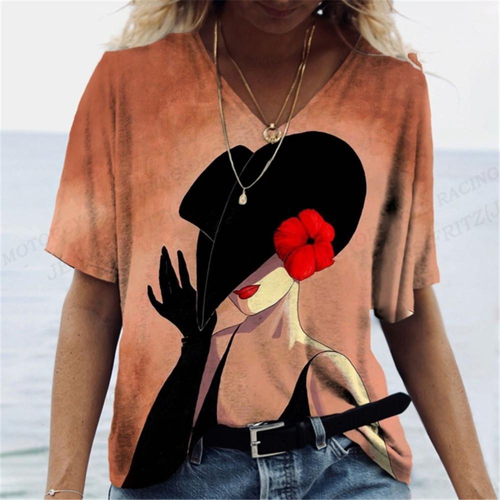 Harajuka абстрактные крутые футболки с принтом в стиле ретро, ​​женские универсальный пуловер с коротким рукавом, летние дизайнерские повседневные женские футболки с v-образным вырезом