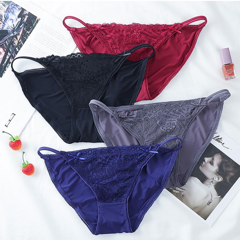 Soft Transparent Bandage Bow G-string Low-waist Women Thong Sexy Briefs Lace Panties Lingerie