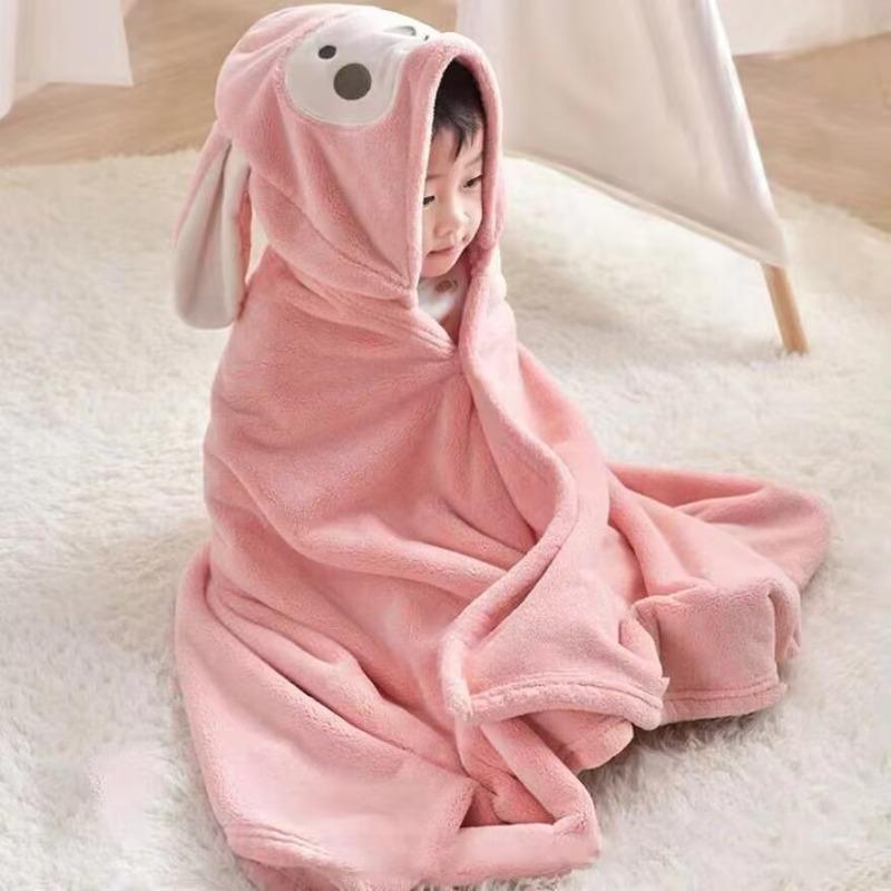 Комплект банных халатов и шапочек - полотенца из коралловой шерсти для детей 70*140 см