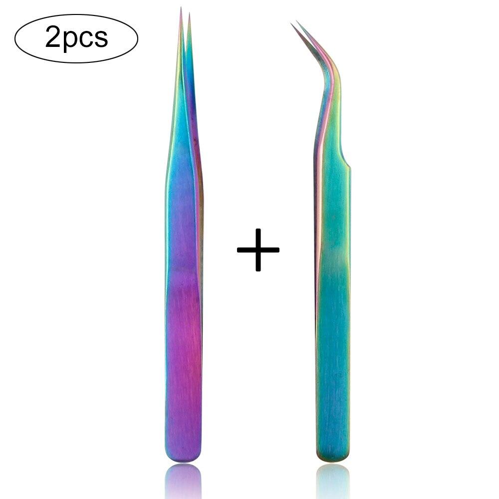 2pcs Stainless Steel Eyelash Extension Tweezers Volume Lashes Straight Curved Pick Up Eyelashes Individual Tweezer Makeup Tool