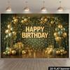 2D flat background fabric made of polyester fiber with green and golden balloons arranged around the letters "HAPPY BIRTHDAY"