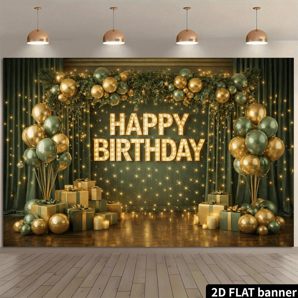 2D flat background fabric made of polyester fiber with green and golden balloons arranged around the letters "HAPPY BIRTHDAY"