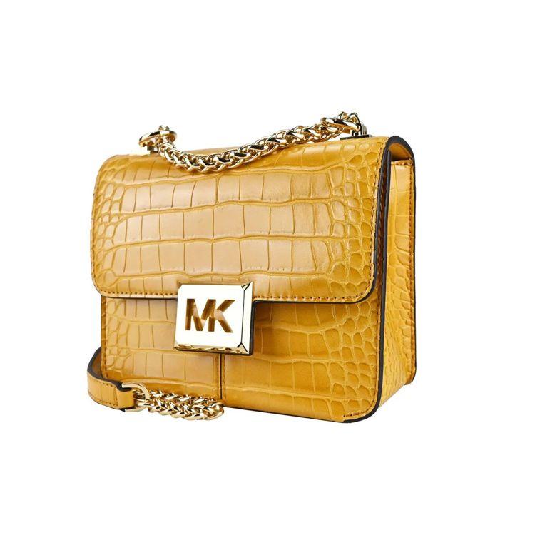 Michael Kors MK Sonia Сумка через плечо с большим логотипом и золотой пряжкой, клапан на цепочке, рисунок под крокодила, ПВХ, маленькая женская сумка, желтый 35F1G6SS1E-MARIGOLD