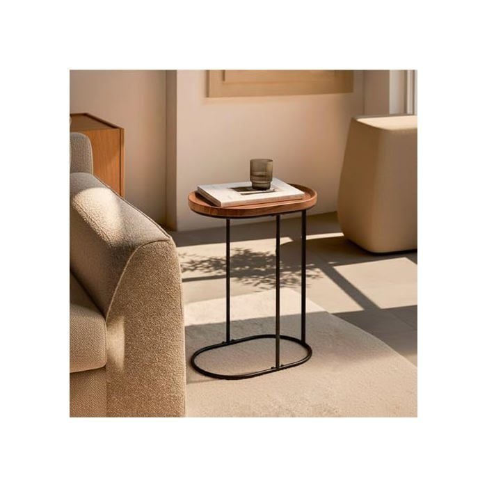 Table d'appoint ronde - AKTIVE - Effet chêne - Structure métallique noire - 45x30x60 cm - Supporte 5 kg