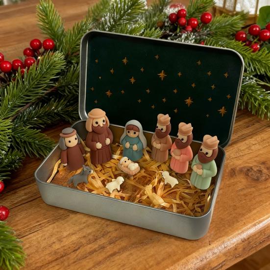 1/2/3Pcs Mini Nativity Scene Set In Tin Box Handcrafted Pocket Size Nativity Scene Tin Resin Birth of Jesus Ornament Christmas Decoration