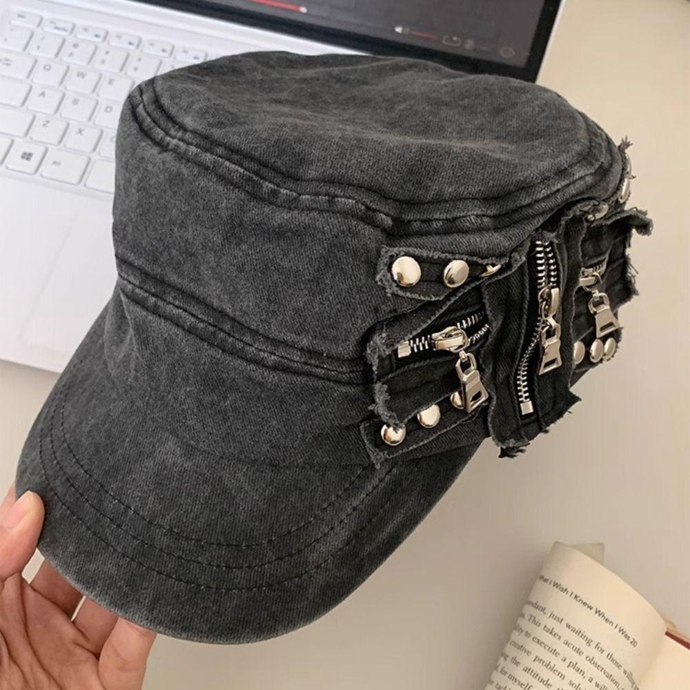 Y2k Metal Rivet Flat Top Hat Cloth Equestrian Hat Personality Retro Baseball Cap  Travel
