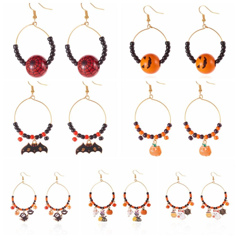 Круглые серьги на Хэллоуин с бусинами, серьги-подвески с привидениями, модные серьги-кольца с тыквами, для девочек