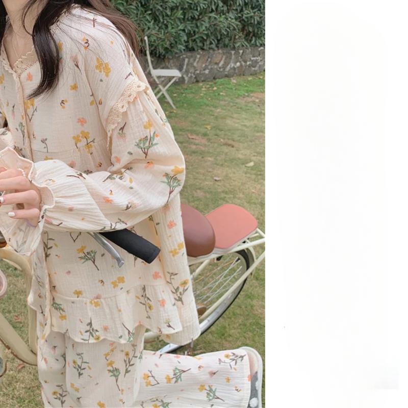 Floral Bubble Cotton Pajamas Lace Lace Ins Style Women Autumn Winter Women Homewear Set Round Neck Sweet Girl Loose Sleepwear