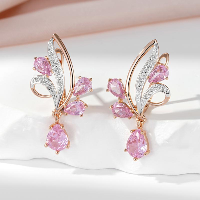 Kinel Pink Zircon Long Drop Earrings For Women Silver Color Luxury Party Jewelry
