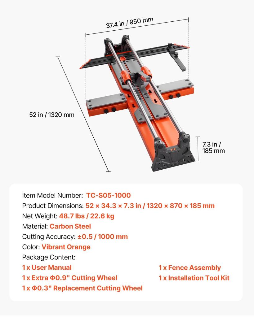 1000 mm Manual Tile Cutter, Upgraded Sliding Head Cutting Tool with Spring-Loaded Base, Angle Fence, Tungsten Carbide Cutting Wheel, Alignment Guide,