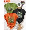 3 Elegant outfits for a girls' gathering T T-shirt with green plant and potted plant print, fresh forest style top, youthful and casual, versatile,