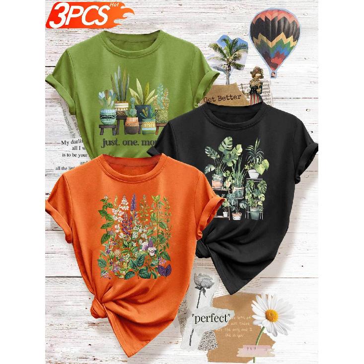 3 Elegant outfits for a girls' gathering T T-shirt with green plant and potted plant print, fresh forest style top, youthful and casual, versatile,