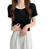 Women's 2024 Korean Slim Fit Color Block Crew Neck T-Shirt - Trendy Summer Short Sleeve Top
