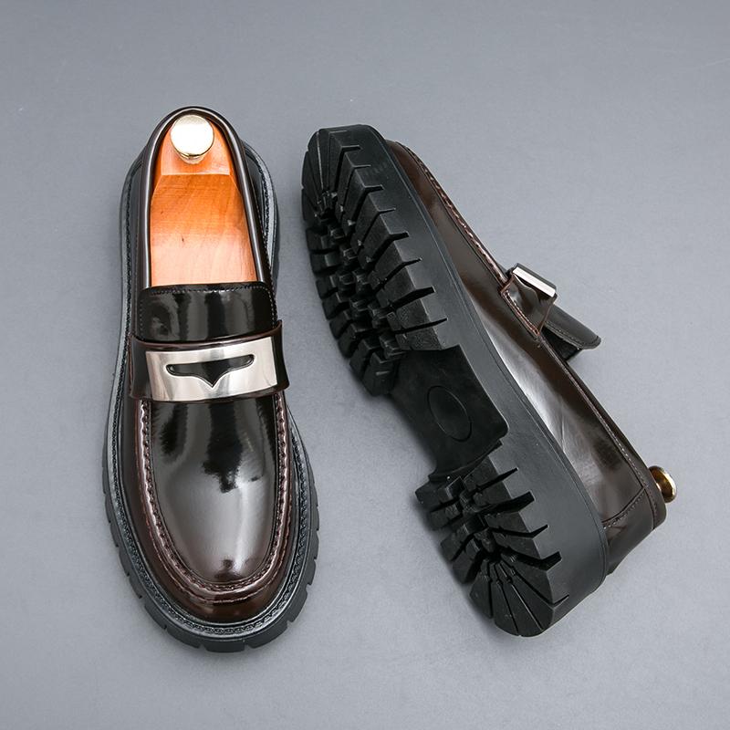 Fashion Brand Men's Business Shoes British Comfortable Casual Flats Thick Sole Leather Loafers Shiny Trendy Male Dress Footwear