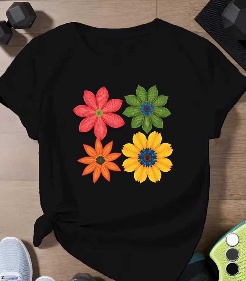 2026 Women's Top Short Sleeved Round Neck Casual Women's Summer Clothing Four Colorful Flowers Creatively Printed Summer New