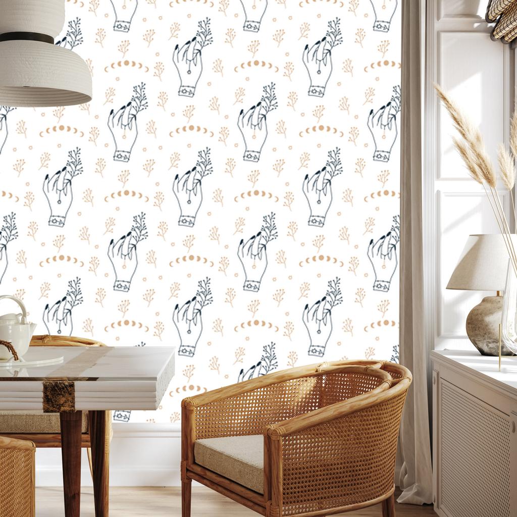 Mystical Hands Wallpaper, White and Light Gray, for Living Room and Bedroom, 50x1000